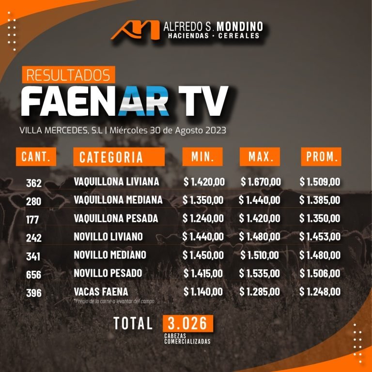 Resultados Remate TV Faena – 30 de agosto