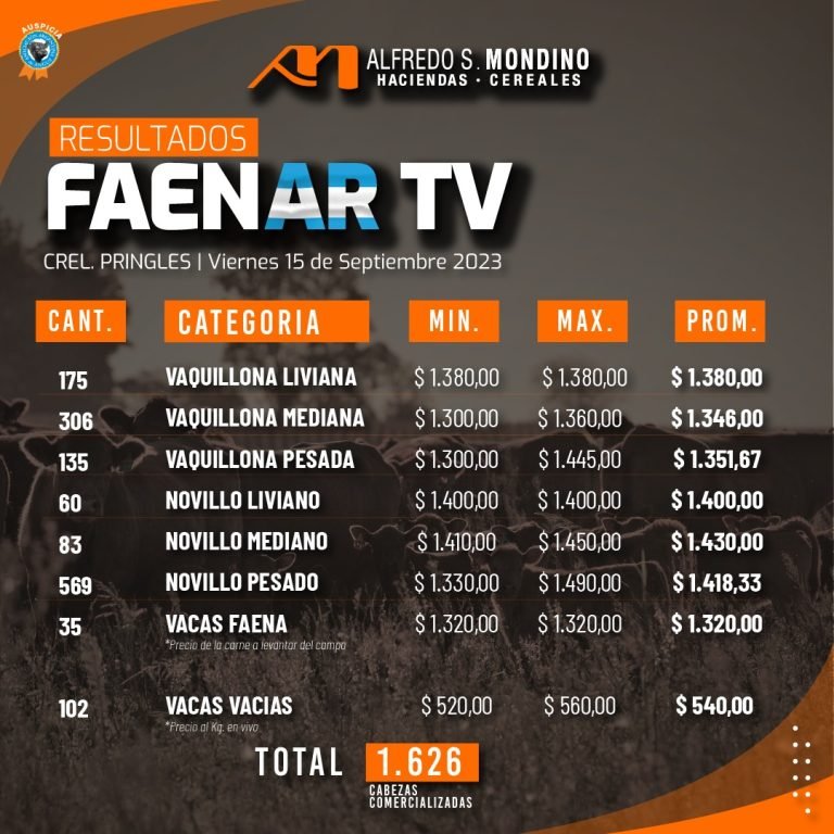 Resultados Faenar Coronel Pringles – 15 de septiembre