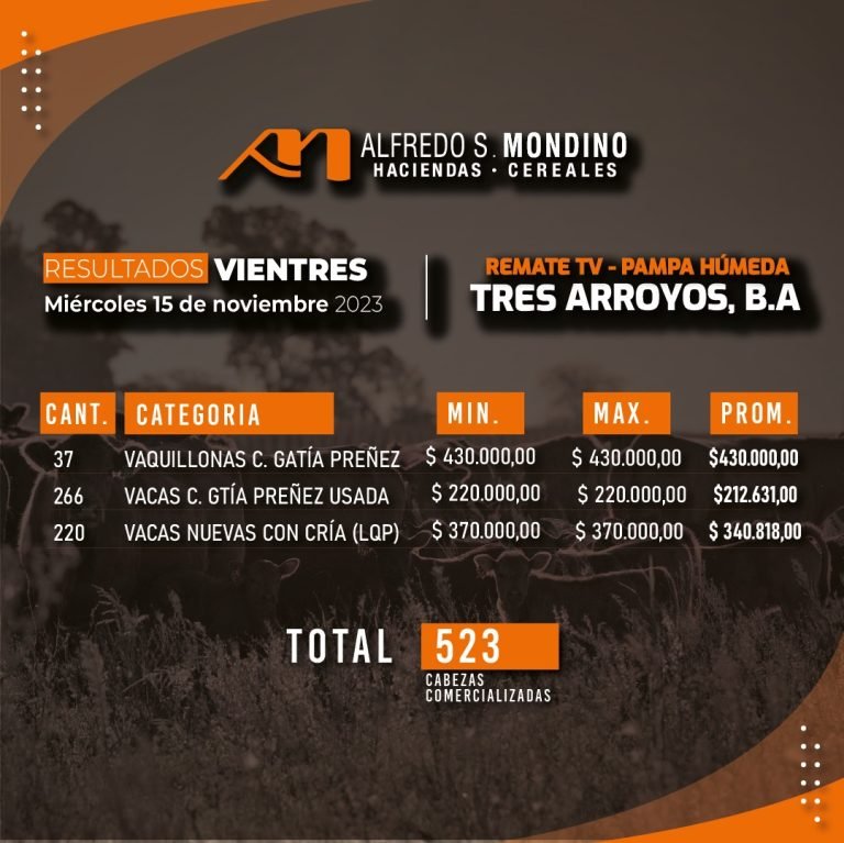 Resultados tres Arroyos 15 de Noviembre Vientres