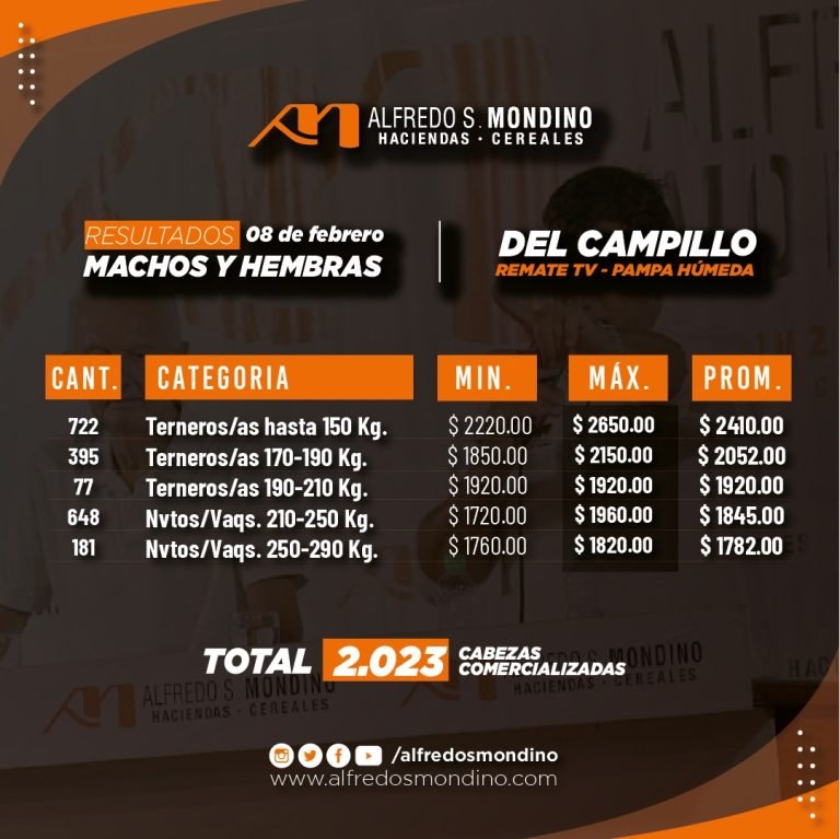Resultados Machos y Hembras – Remate 08 de febrero 2024