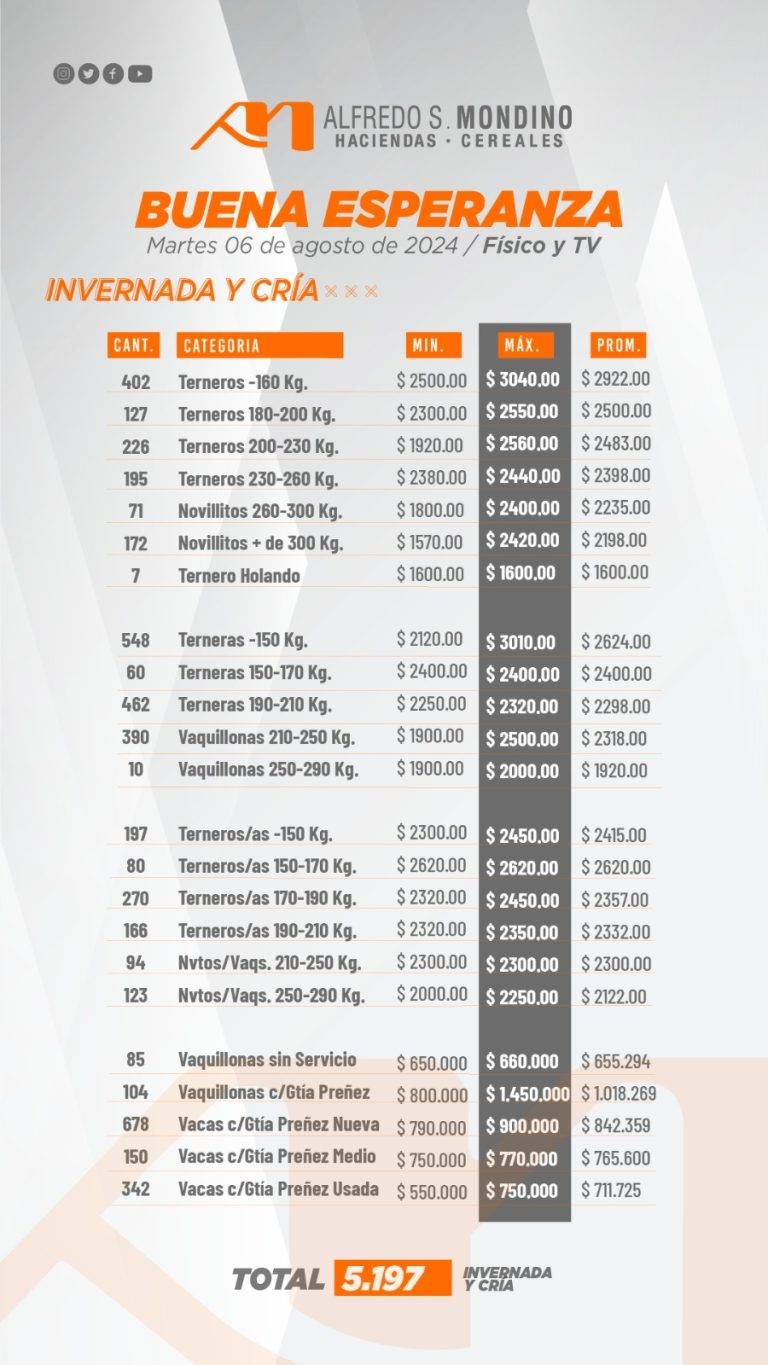 Resultados invernada y cría- 06 de agosto